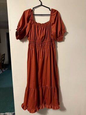 Rust Puff-Sleeve Midi Dress with Smocked Waist - Unbranded
